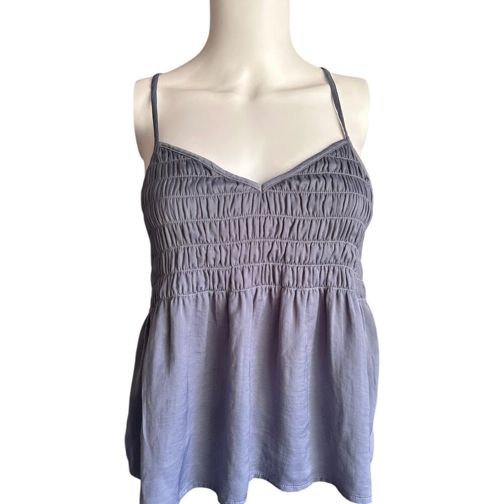 AE Smocked summer top medium silky look satin cami slate blue American Eagle​​ - Picture 5 of 7